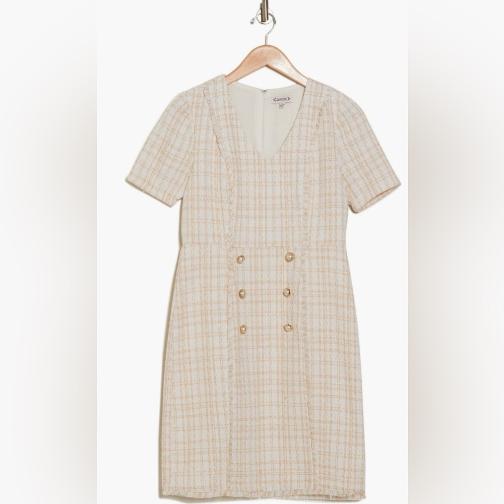 Nanette Lenore Fringed Short Short Sleeve Tweed Dress  color warm sand